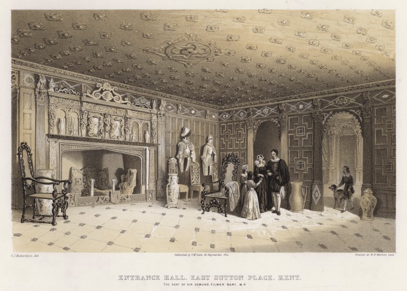 Inkomhal, East Sutton Place, Kent, de zetel van Sir Edmund Filmer door Charles James Richardson