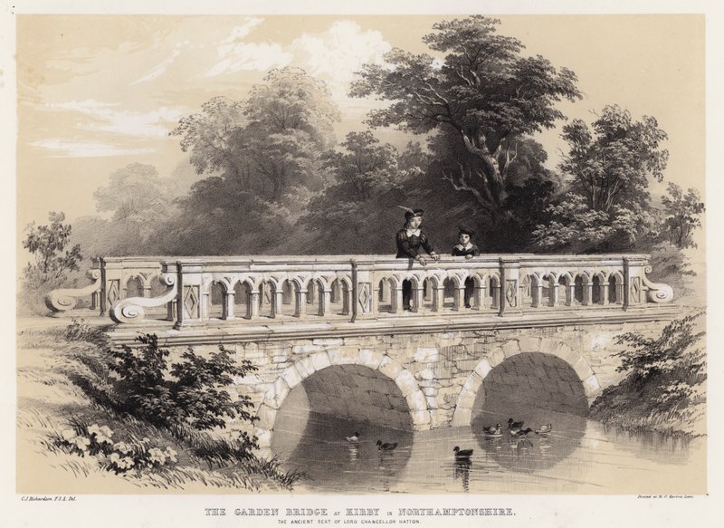 De tuinbrug bij Kirby in Northamptonshire, de oude zetel van Lord Chancellor Hatton door Charles James Richardson