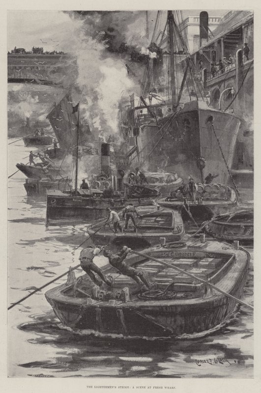 De staking van de lichters, een scène bij Fresh Wharf door Charles John de Lacy