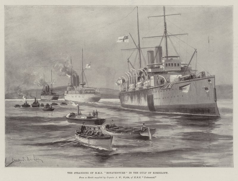 Het Stranden van HMS Bonaventure in de Golf van Korniloff door Charles John de Lacy