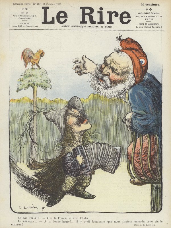 De koning van Italië en de president van Frankrijk. Illustratie voor Le Rire door Charles Leandre