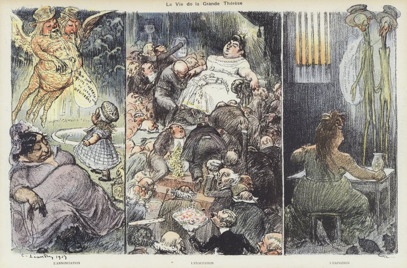 Het leven van de oplichtster Therese Humbert. Illustratie voor Le Rire door Charles Leandre