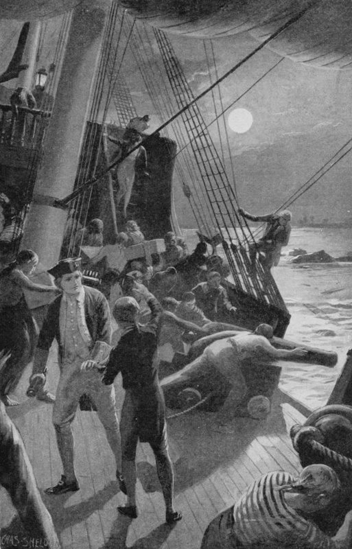 Het schip van Kapitein Cook in gevaar, de bemanning gooide de kanonnen overboord door Charles Mills (after) Sheldon
