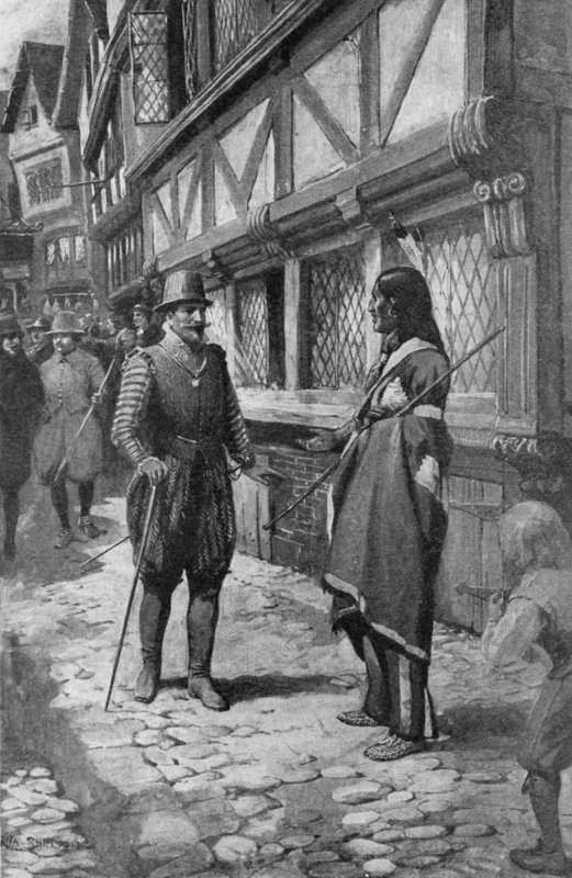 Kapitein John Smith ontmoet een Rode Indiaanse vriend uit Virginia tijdens een wandeling door The Strand in Londen door Charles Mills (after) Sheldon