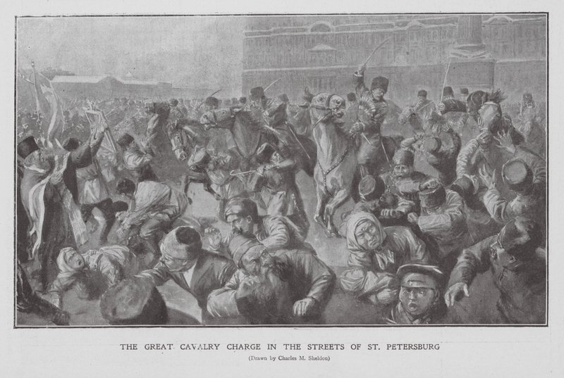 Cavalerie die een menigte aanvalt in de straten van Sint-Petersburg, Eerste Russische Revolutie door Charles Mills (after) Sheldon