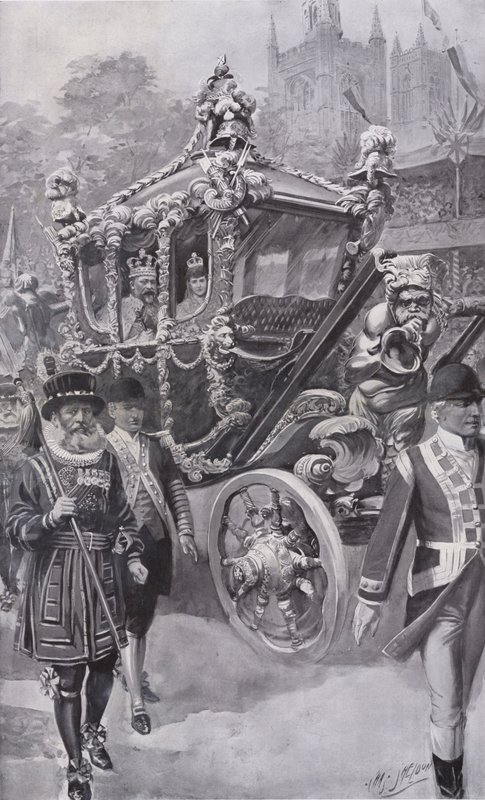 Koning Edward VII en koningin Alexandra in de staatskoets terugkerend van hun kroning in Westminster Abbey, Londen door Charles Mills (after) Sheldon