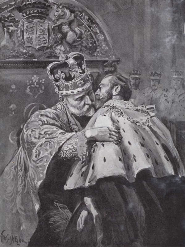 Koning Edward VII omhelst zijn zoon, de Prins van Wales, bij de kroning van de koning, Westminster Abbey, Londen door Charles Mills (after) Sheldon