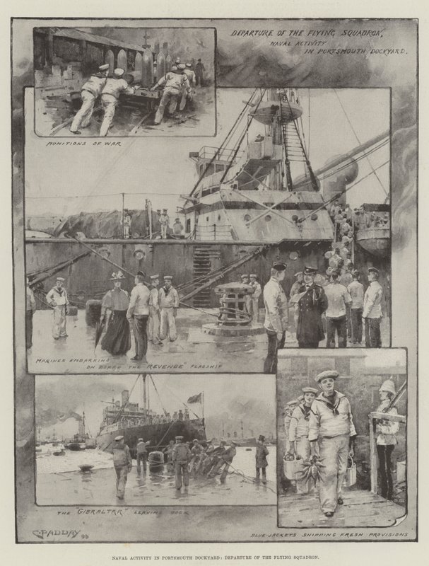 Marineactiviteit in de haven van Portsmouth, vertrek van het vliegende eskader (litho) door Charles Murray (after) Padday