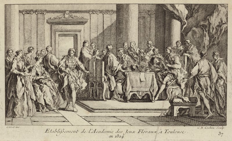 Oprichting van de Academie des Jeux Floraux, de oudste literaire vereniging in de westerse wereld, Toulouse, Frankrijk door Charles Nicolas II Cochin