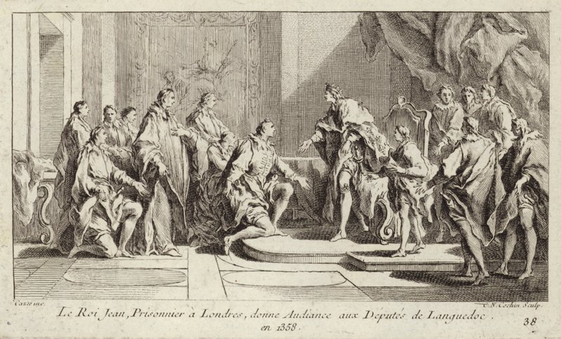 Koning Jan II van Frankrijk, gevangen gehouden door de Engelsen in Londen, geeft een audiëntie aan een deputatie uit Languedoc door Charles Nicolas II Cochin