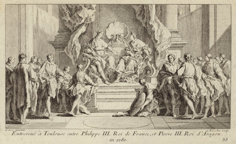 Ontmoeting in Toulouse tussen koning Filips III van Frankrijk en koning Peter III van Aragon door Charles Nicolas II Cochin