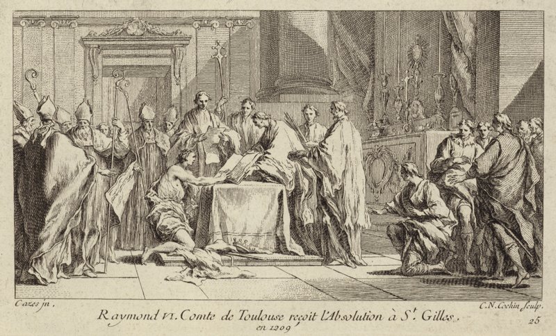 Raymond VI, graaf van Toulouse, vernedert zichzelf in de kerk van St Gilles om zijn excommunicatie op te heffen door Charles Nicolas II Cochin
