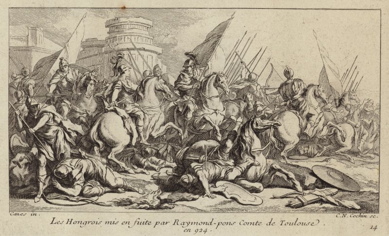 Het Hongaarse leger op de vlucht gejaagd door Raymond Pons, Graaf van Toulouse, 924 (gravure) door Charles Nicolas II Cochin