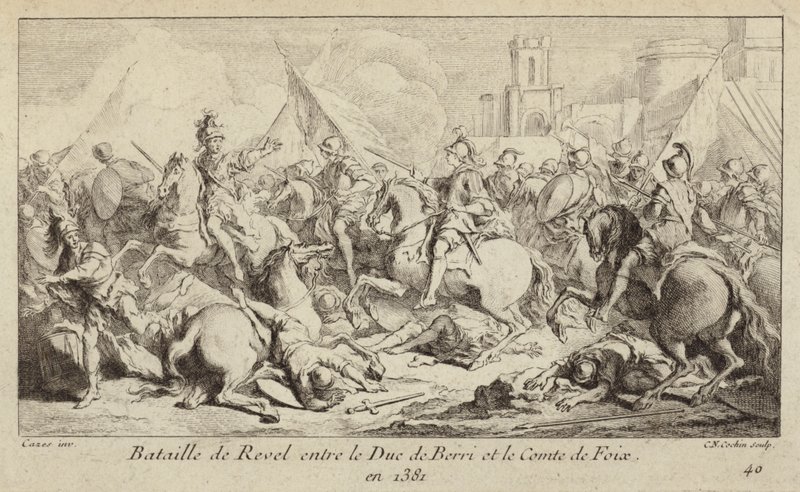 De legers van de hertog van Berry en de graaf van Foix vechten bij de Slag bij Revel, Frankrijk door Charles Nicolas II Cochin