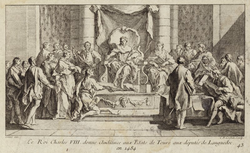 Koning Karel VIII van Frankrijk geeft gehoor aan de afgevaardigden uit Languedoc op de Staten-Generaal in Tours door Charles Nicolas II Cochin