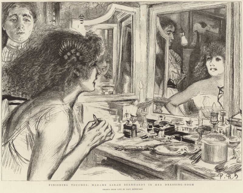 Madame Sarah Bernhardt in haar kleedkamer (litho) door Charles Paul (after) Renouard