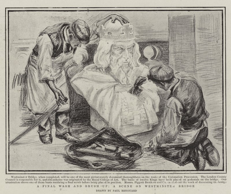 Een laatste wasbeurt, een scène op Westminster Bridge door Charles Paul Renouard