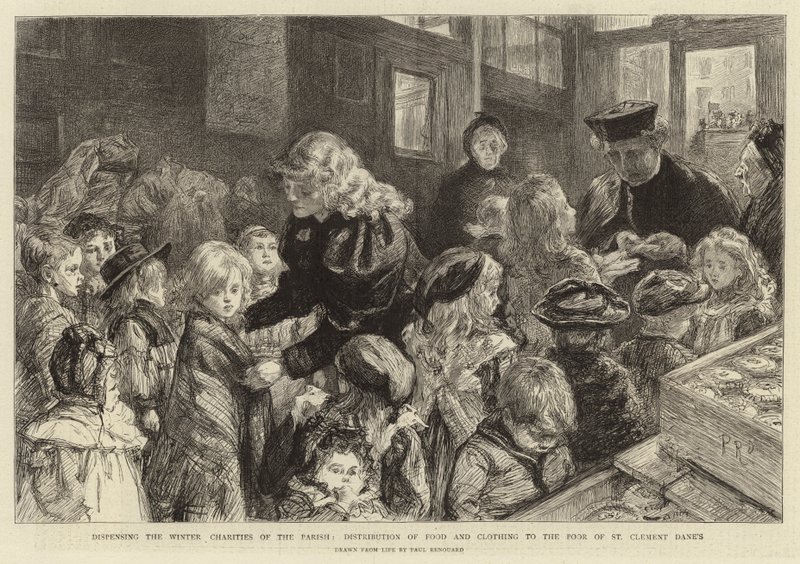 Het Uitdelen van de Winterliefdadigheden van de Parochie, distributie van voedsel en kleding aan de armen van St Clement Dane