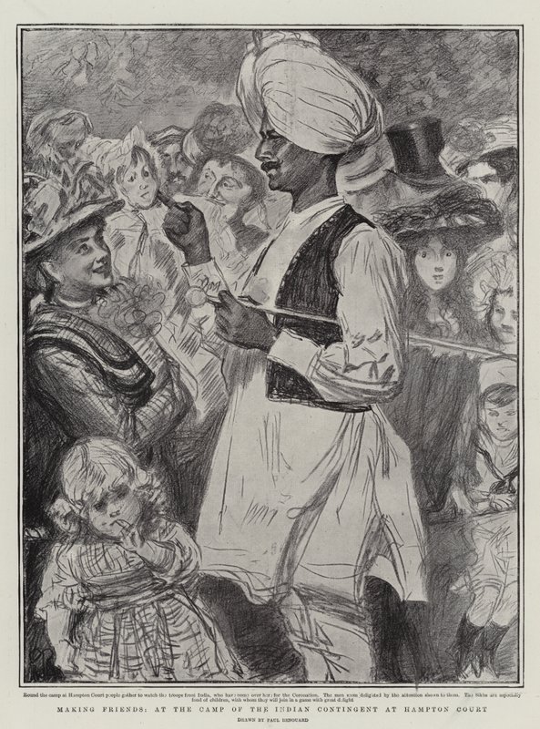 Vriendschap sluiten, in het kamp van het Indiase contingent in Hampton Court door Charles Paul Renouard