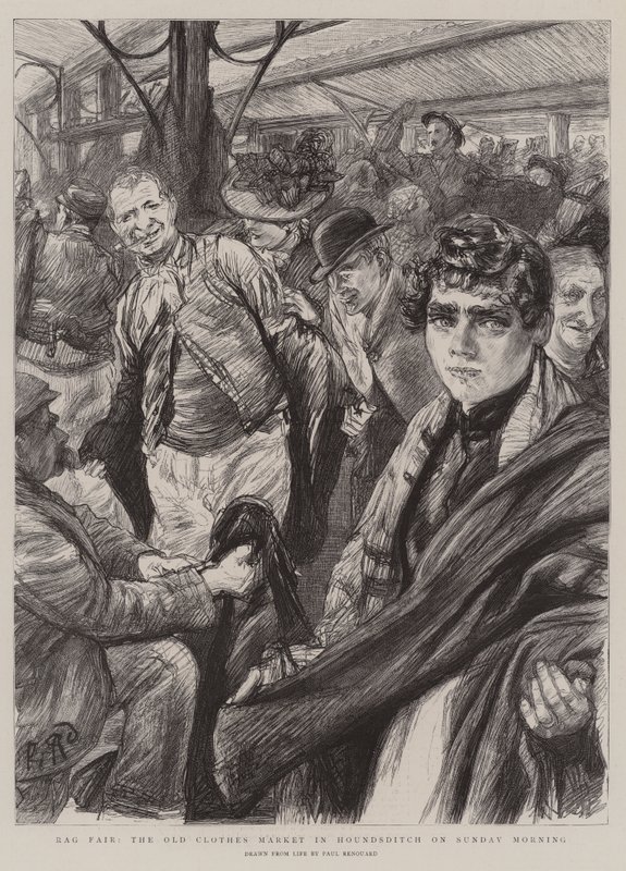 Rag Fair, de oude kledingmarkt in Hounsditch op zondagochtend door Charles Paul Renouard