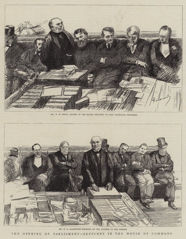 De opening van het parlement, schetsen in het Lagerhuis door Charles Paul Renouard