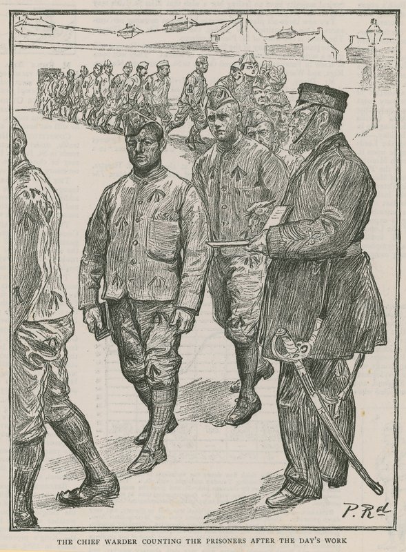 De hoofdopzichter telt de gevangenen na een dag werk door Charles Paul Renouard