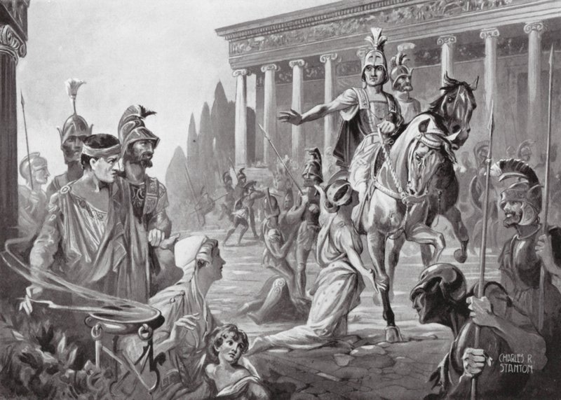 Alexander bij de inname van Thebe, v.Chr. 335 (litho) door Charles Rebel Stanton