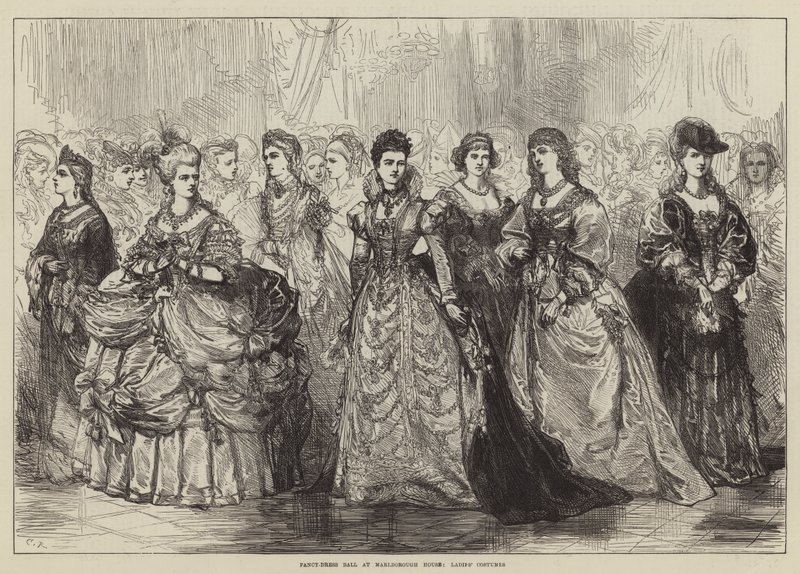 Gemaskerd bal in Marlborough House, dameskostuums door Sir John Charles Robinson
