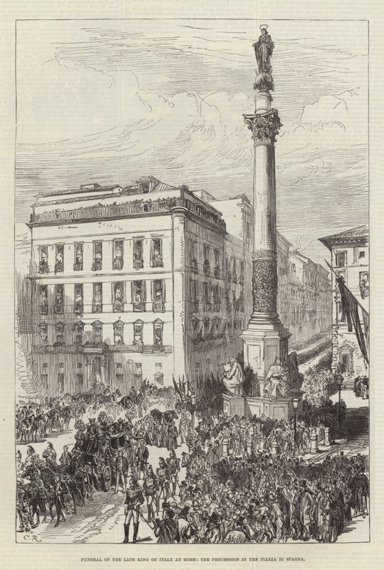 Begrafenis van de overleden koning van Italië in Rome, de processie op de Piazza di Spagna door Sir John Charles Robinson