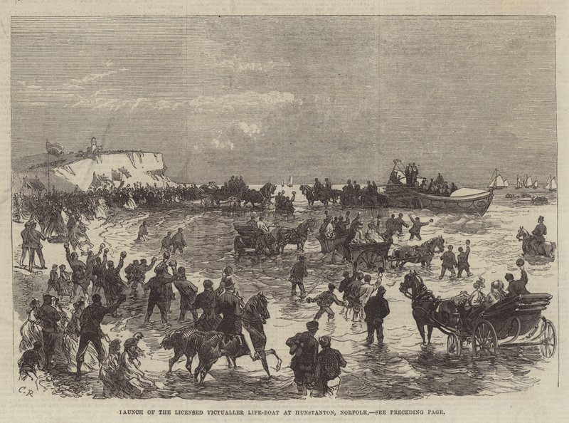 Lancering van de Licensed Victualler Life-Boat in Hunstanton, Norfolk door Sir John Charles Robinson