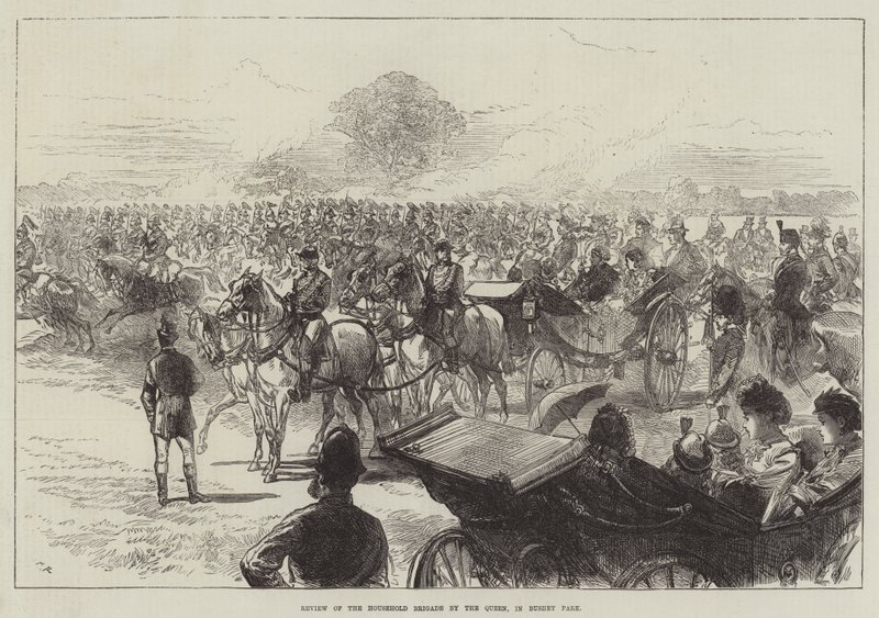 Review van de Household Brigade door de koningin, in Bushey Park door Sir John Charles Robinson