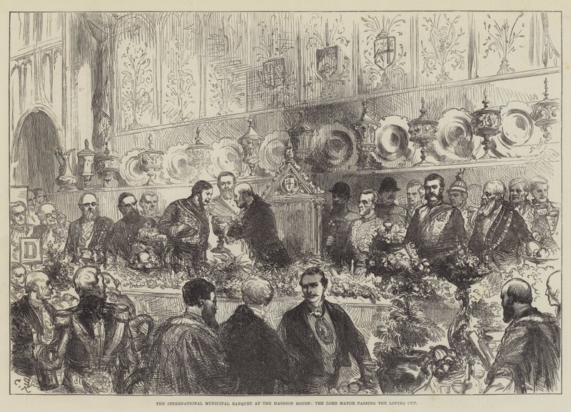 Het Internationale Gemeentelijke Banket in het Mansion House, de Lord Mayor passeert de Loving Cup door Sir John Charles Robinson