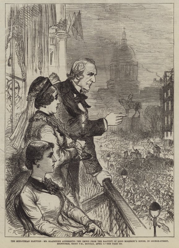 De Midlothian Verkiezing, Mr. Gladstone die de menigte toespreekt vanaf het balkon van het huis van Lord Rosebery, in George-Street, Edinburgh, acht uur 