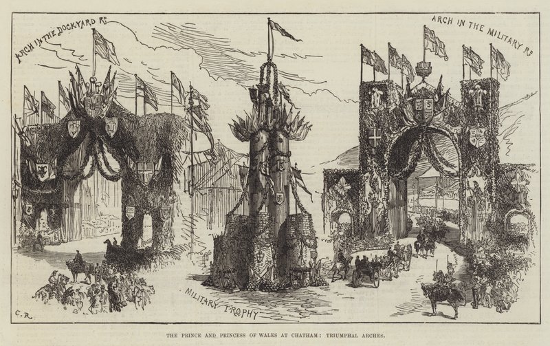 De prins en prinses van Wales in Chatham, triomfbogen door Sir John Charles Robinson