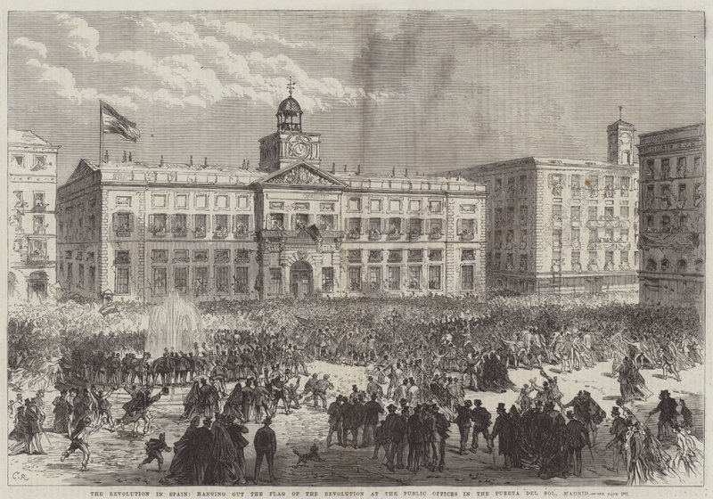 De revolutie in Spanje, het uithangen van de vlag van de revolutie bij de openbare kantoren in de Puerta del Sol, Madrid door Sir John Charles Robinson