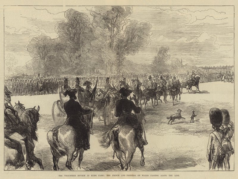 De vrijwilligersparade in Hyde Park, de prins en prinses van Wales passeren de linie door Sir John Charles Robinson