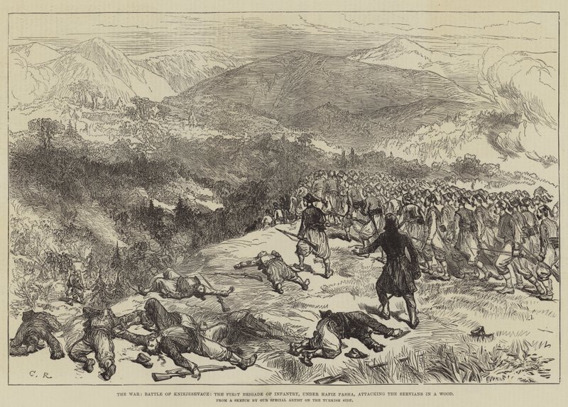 De Oorlog, Slag bij Kniejesevacz, de Eerste Brigade Infanterie, onder Hafiz Pasha, valt de Serviërs aan in een bos door Sir John Charles Robinson