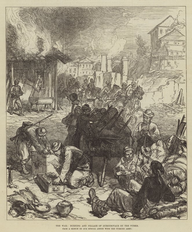De oorlog, brand en plundering van Gurgusovacz door de Turken door Sir John Charles Robinson