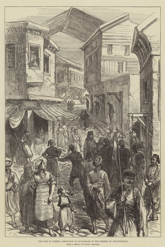 De oorlog in Turkije, executie van Bulgaren in de straten van Philippopolis door Sir John Charles Robinson