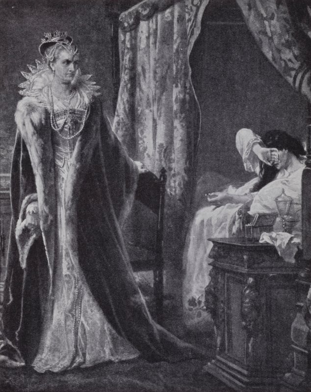 Gravin van Nottingham brengt de ring van de graaf van Essex terug naar koningin Elizabeth I, maar te laat om hem van executie te redden (litho) door Charles Soubre