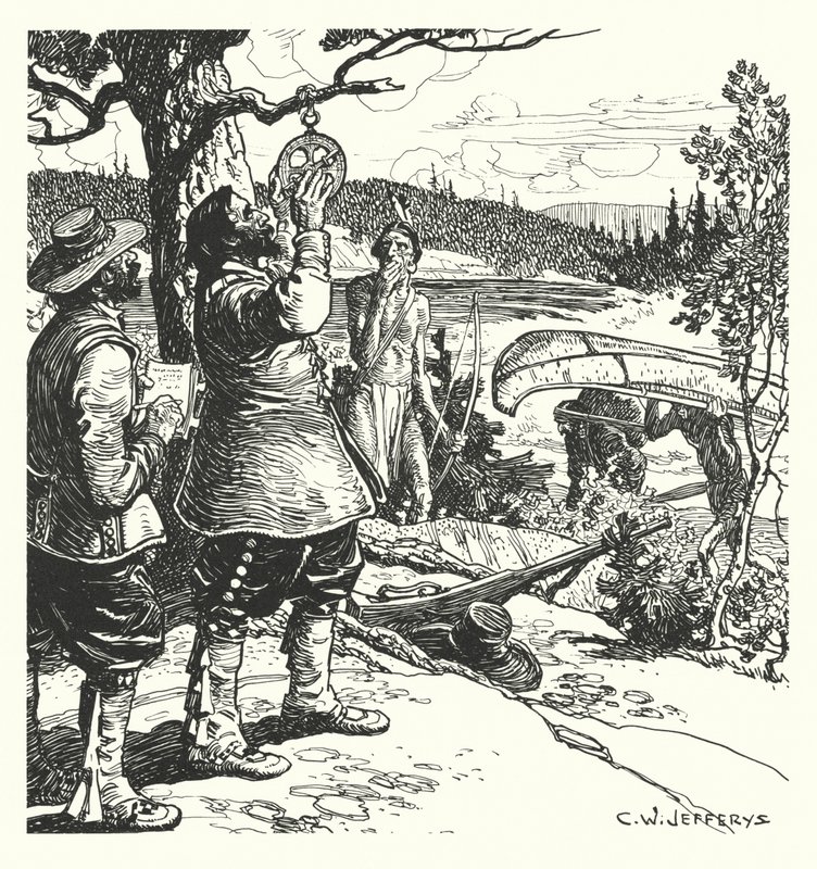 Champlain neemt een observatie met de astrolabium, op de Ottawa door Charles William (after) Jefferys