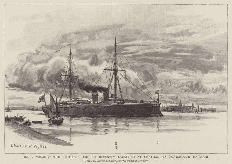 HMS Blake, de beschermde kruiser onlangs gelanceerd in Chatham, in de haven van Portsmouth door Charles William Wyllie