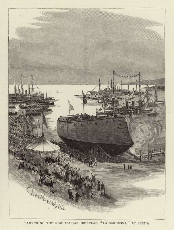 Het te water laten van de nieuwe Italiaanse IJzerenclad La Sardegna in Spezia door Charles William Wyllie