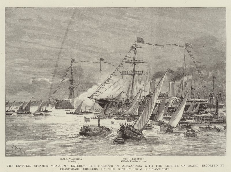 De Egyptische stoomboot Fayoum vaart de haven van Alexandrië binnen met de Khedive aan boord, geëscorteerd door kustwachtkruisers, op de terugkeer uit Constantinopel door Charles William Wyllie