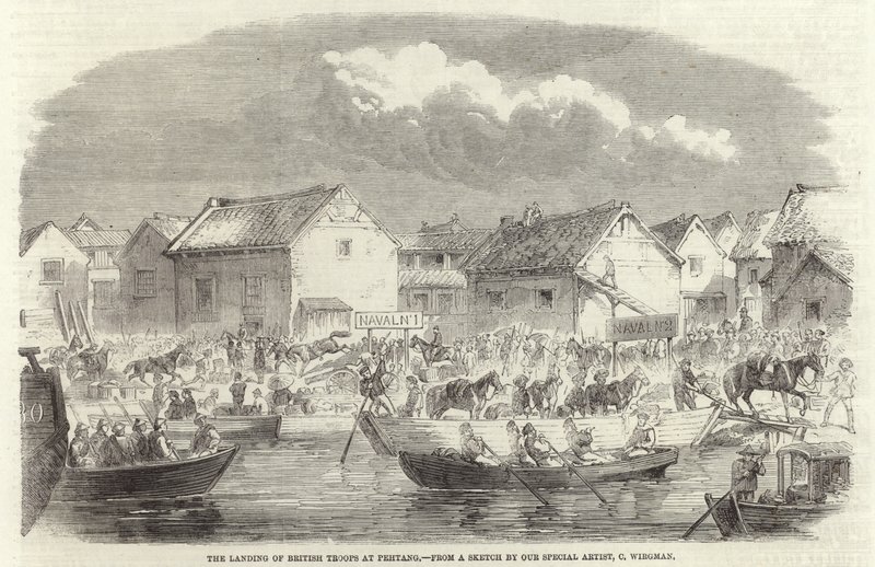 De landing van Britse troepen bij Pehtang door Charles Wirgman