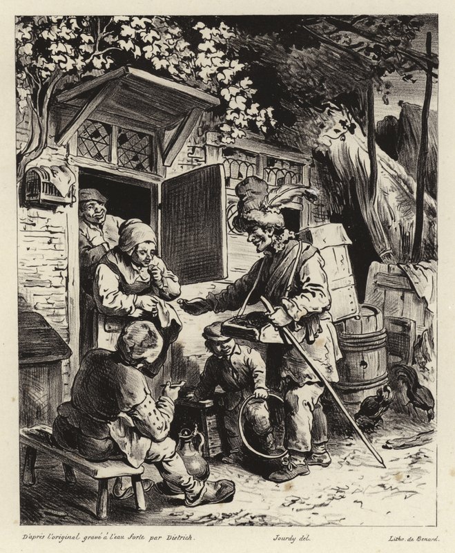 Straatverkoper belt aan bij een huis door Christian Wilhelm Ernst Dietrich
