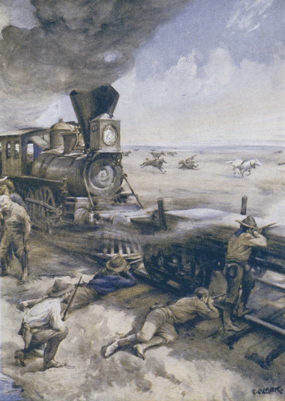 Een trein die de prairies oversteekt aangevallen door Amerikaanse Indianen door Christopher Clark