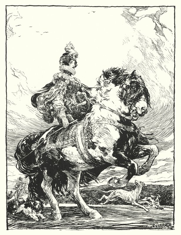 Vrouw in Tudor-kostuum op jacht te paard (litho) door Christopher (after) Clark