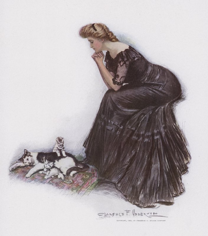 Vrouw kijkt naar een kat en haar kittens door Clarence F. Underwood