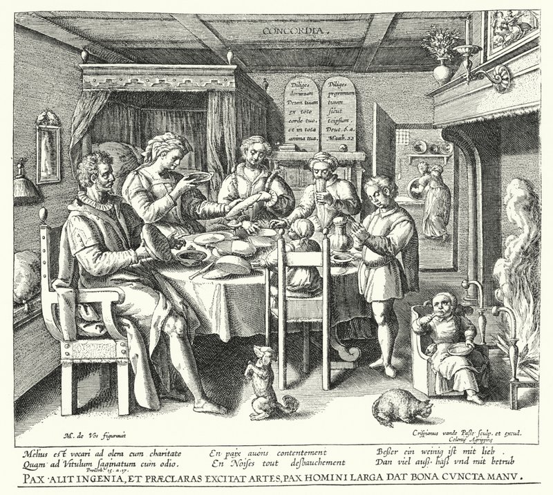 Het gebed voor de maaltijd (gravure) door Crispin I de (after) Passe